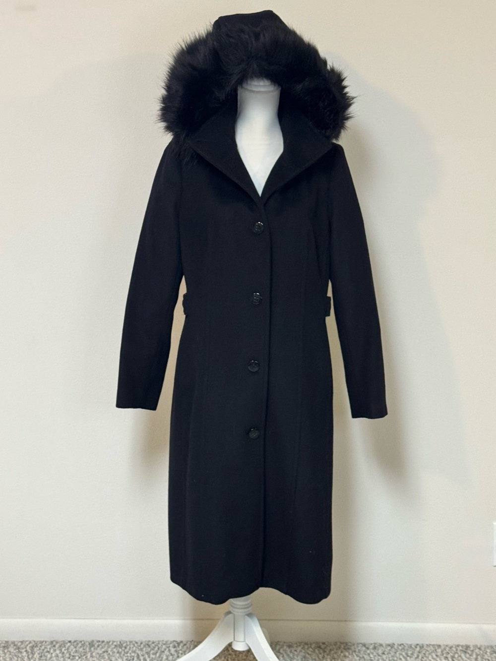 Calvin Klein Midi Wool Blend Coat with Removable Faux Fur Hood - Women’s Large